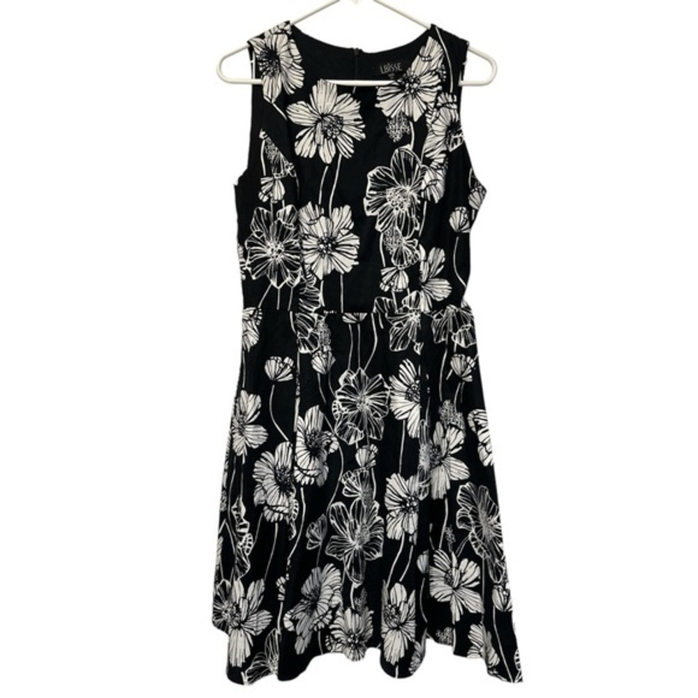 LBISSE Black White Floral Sleeveless Zipper Back A-Line Dress Large EUC/NC #6530